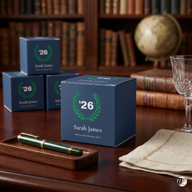 Classic Navy Blue & Green Laurel Wreath Graduation Favor Boxes (Creator Uploaded)