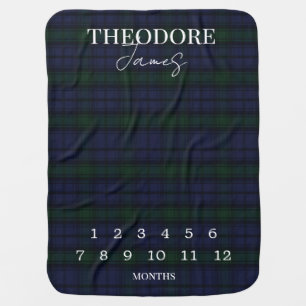 Classic Navy Blue & Green Tartan Plaid Milestone Baby Blanket