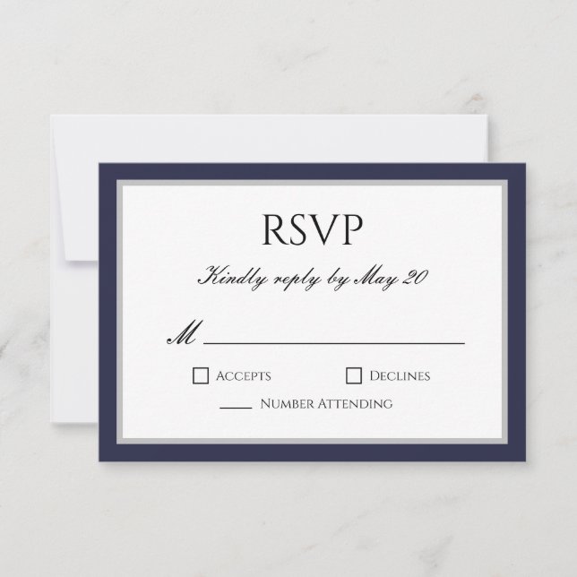 Classic Navy Blue Grey Border RSVP Response Card (Front)