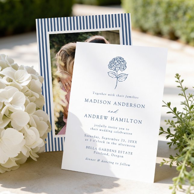 Classic Navy Blue Hydrangea Photo Wedding Invitation (Creator Uploaded)