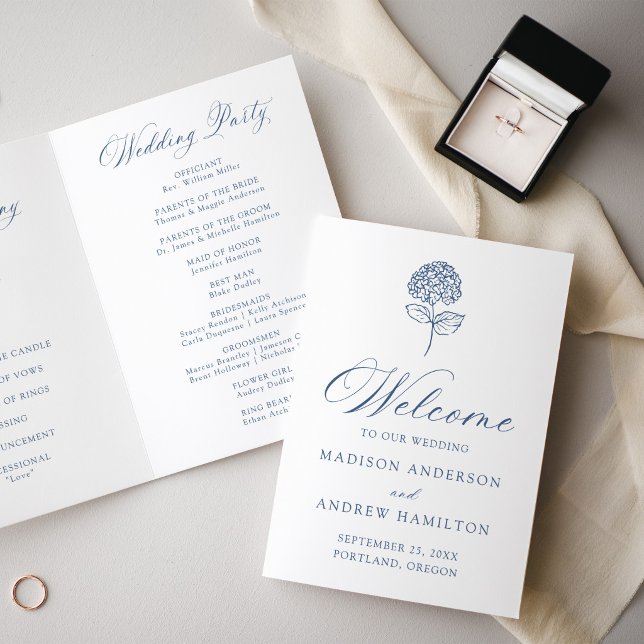 Classic Navy Blue Hydrangea Wedding Program (Creator Uploaded)