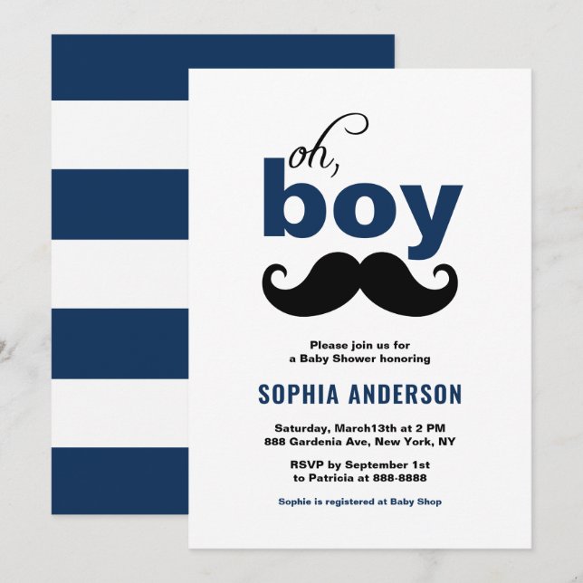 Classic Navy Blue It's a Boy Mustache Baby Shower Invitation (Front/Back)