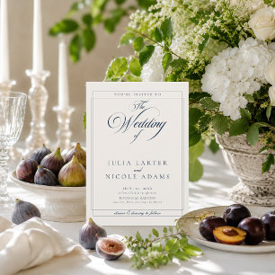 Classic Navy Blue Ivory Calligraphy Photo Wedding Invitation