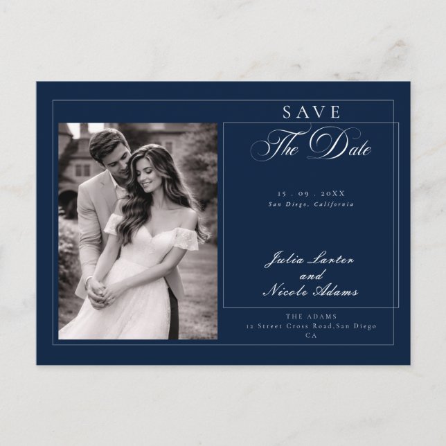 Classic Navy Blue Ivory Calligraphy Save The Date Postcard (Front)