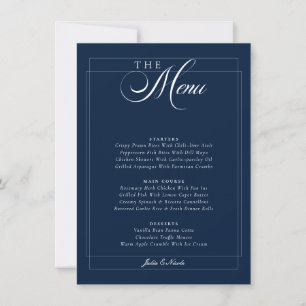Classic Navy Blue Ivory Calligraphy Wedding Menu Invitation