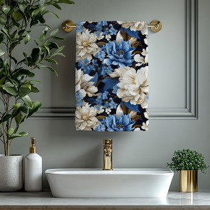 Classic Navy Blue Ivory Gold Floral Towel