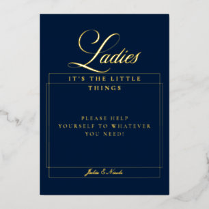 Classic Navy Blue Ladies Bathroom Basket Sign Foil Invitation