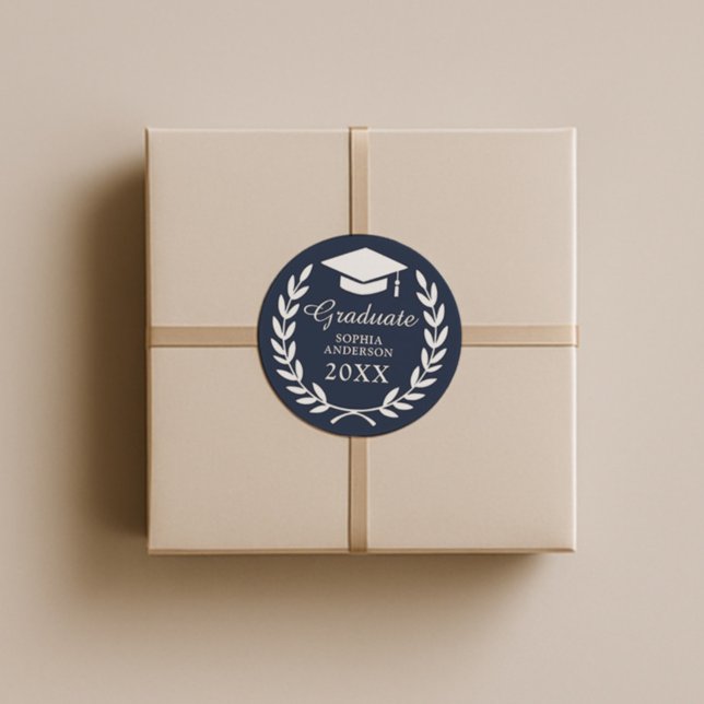 Classic Navy Blue Laurel Wreath Grad Cap Emblem Classic Round Sticker (Creator Uploaded)