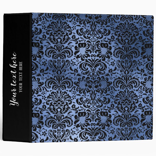 Classic Navy Blue Metal Foil Swirls Damask 3 Ring Binder (Front/Spine)