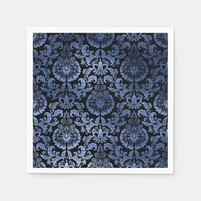 Classic Navy Blue Metal Foil Swirls Damask Napkins (Front)
