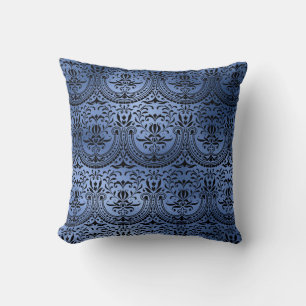 Classic Navy Blue Metal Foil Swirls Damask Throw Pillow