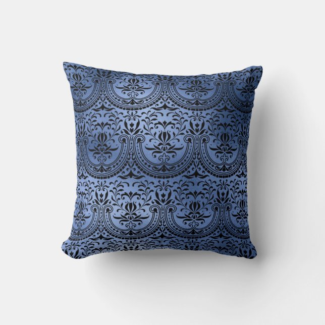 Classic Navy Blue Metal Foil Swirls Damask Throw Pillow (Front)