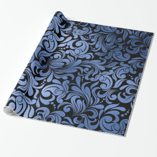 Classic Navy Blue Metal Foil Swirls Damask Wrapping Paper
