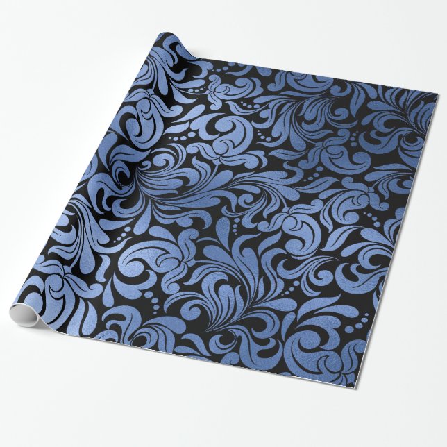Classic Navy Blue Metal Foil Swirls Damask Wrapping Paper (Unrolled)