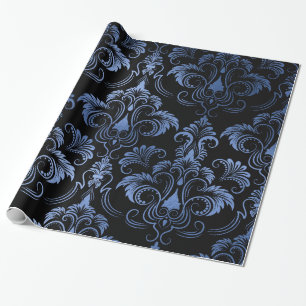 Classic Navy Blue Metal Foil Swirls Damask Wrapping Paper
