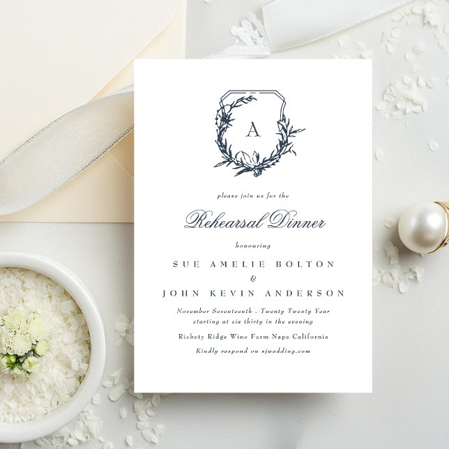 classic navy blue monogram crest rehearsal dinner invitation (Creator Uploaded)