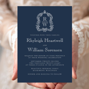 Classic Navy Blue Monogram Crest Wedding Invitation