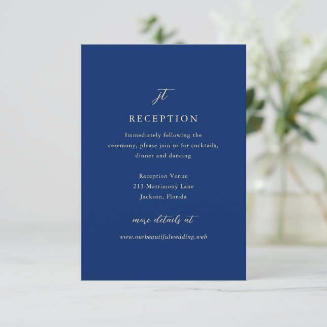Classic Navy Blue Monogram Elegant Wedding Enclosure Card (Standing Front)