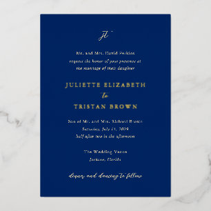 Classic Navy Blue Monogram Elegant Wedding Foil Invitation