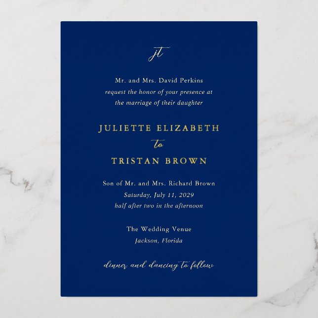 Classic Navy Blue Monogram Elegant Wedding Foil Invitation (Front)