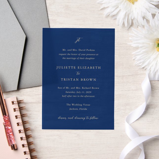 Classic Navy Blue Monogram Elegant Wedding Vellum Invitations (Wedding)