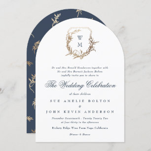 classic Navy Blue monogram gold crest arch Invitation