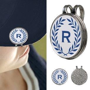 Classic Navy Blue Monogram Laurel Wreath Custom Golf Hat Clip