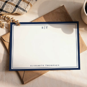 Classic Navy Blue Monogram Name Border Note Card