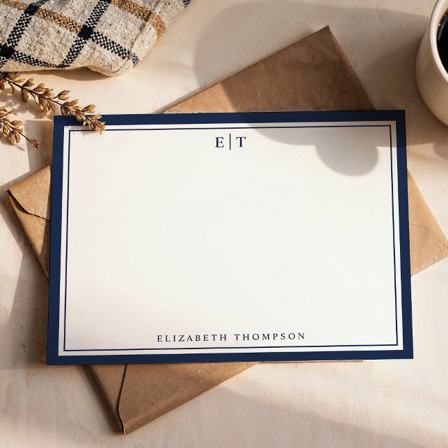 Classic Navy Blue Monogram Name Border Note Card (Creator Uploaded)