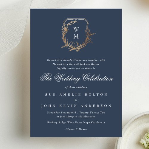classic Navy Blue monogram wedding gold crest Invitation