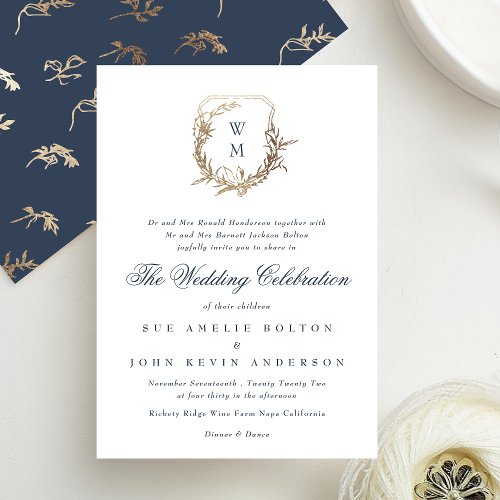 classic Navy Blue monogram wedding gold crest Invitation