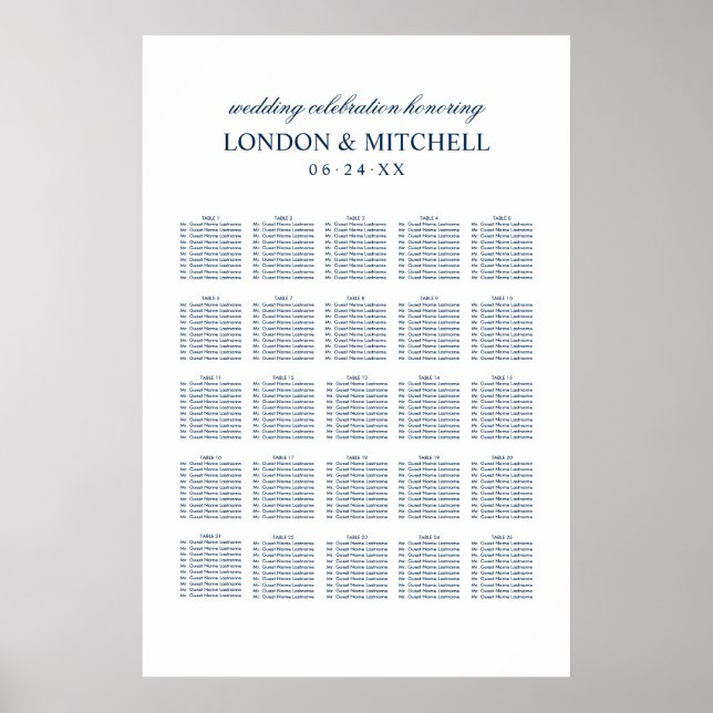 Classic Navy Blue Monogram Wedding Seating Poster (Front)