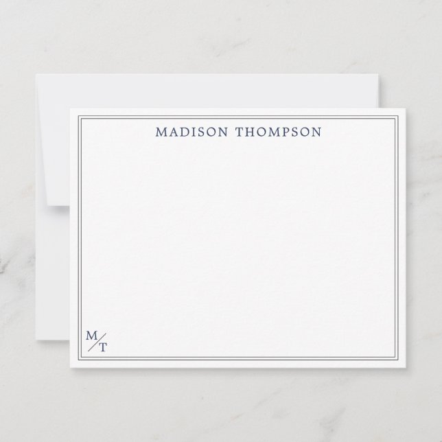 Classic Navy Blue Monogram with black border Note Card (Front)