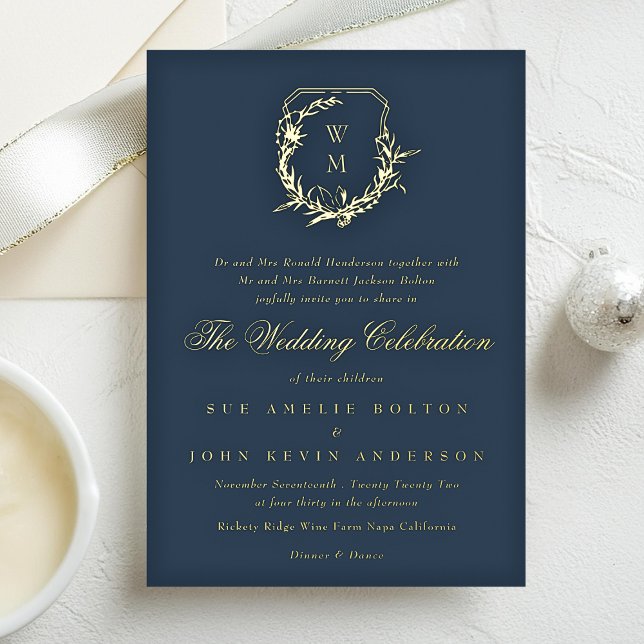 classic Navy Blue monogrammed wedding gold crest Foil Invitation (Creator Uploaded)