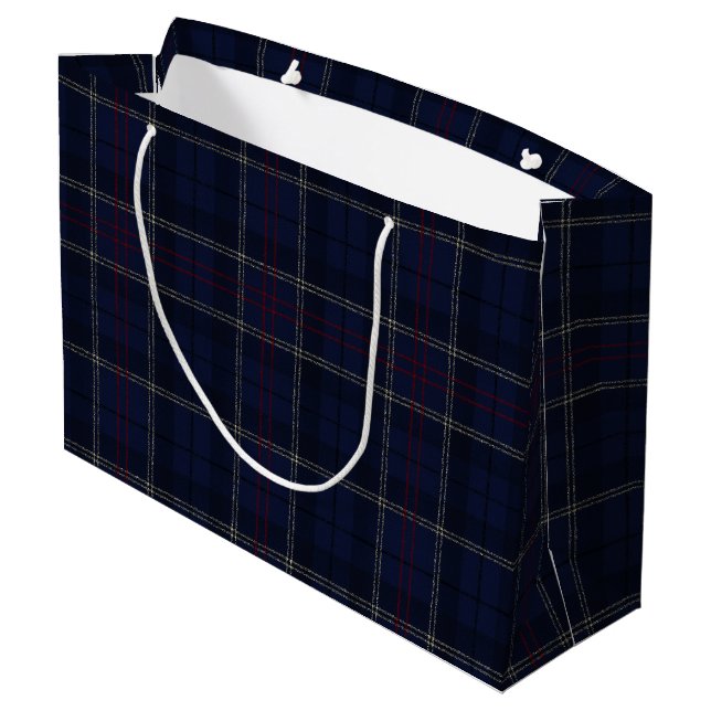 Classic Navy Blue Plaid Christmas Large Gift Bag (Back Angled)