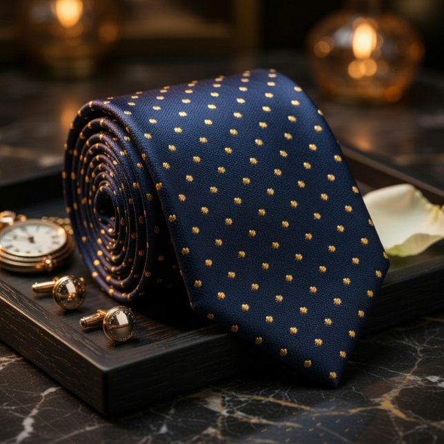 Classic Navy Blue Polka Dot Gold Elegant Neck Tie (Creator Uploaded)