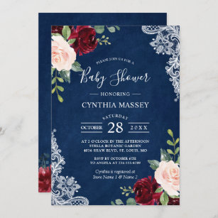 Classic Navy Blue Red Blush Floral Baby Shower Invitation