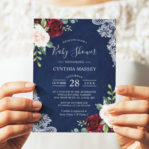 Classic Navy Blue Red Blush Floral Baby Shower Invitation