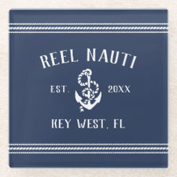 Classic Navy Blue | Rustic Anchor Boat Name Glass Coaster