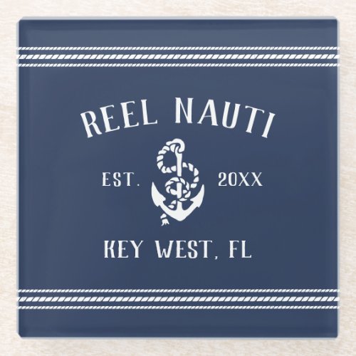 Classic Navy Blue  Rustic Anchor Boat Name Glass Coaster