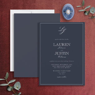 Classic Navy Blue Script Monogram Wedding Invitation
