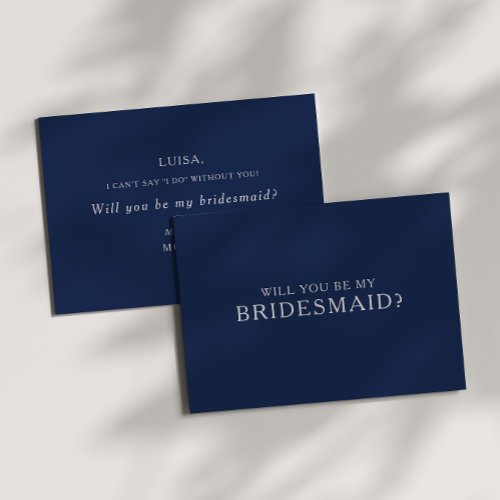 Classic Navy Blue Silver Bridesmaid Proposal Card
