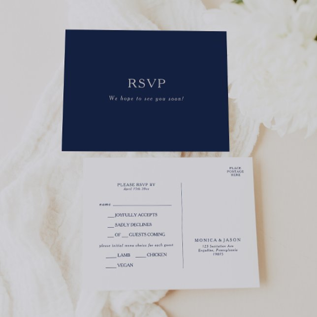Classic Navy Blue Silver Menu Choice RSVP Postcard (Creator Uploaded)