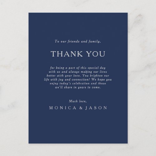 Classic Navy Blue Silver Thank You Reception Card 