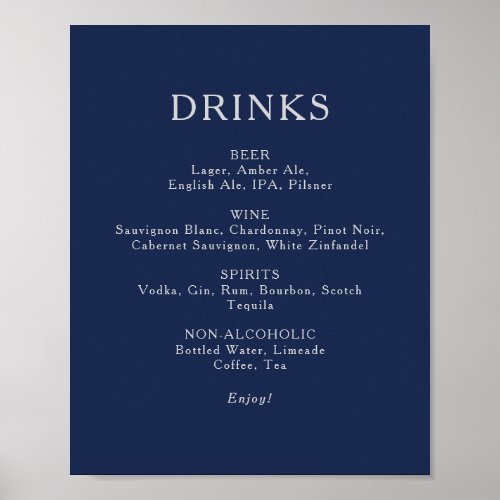 Classic Navy Blue Silver Wedding Drinks Menu Sign