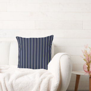 Classic Navy Blue Skinny Ivory Pinstripes Throw Pillow