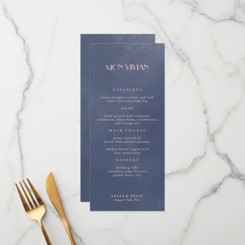 Classic Navy Blue Smoke Wedding Dinner Menu Card