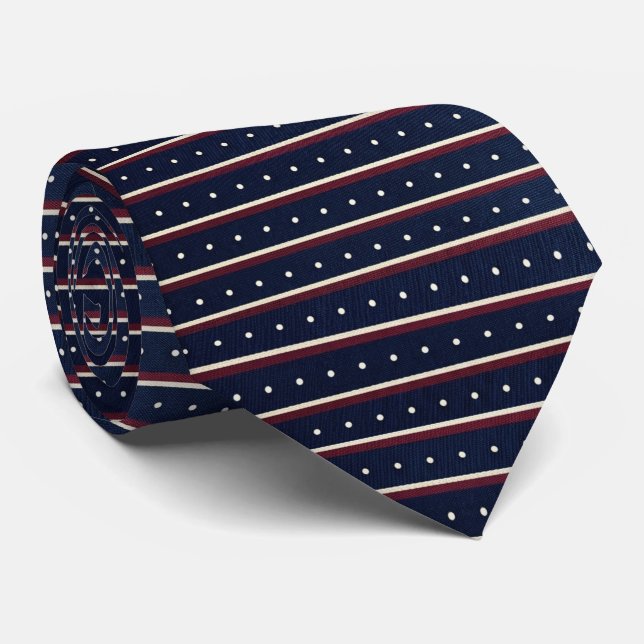 Classic Navy Blue Stripes and Pin Dot Geometric Neck Tie (Rolled)