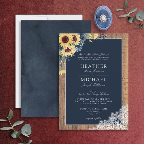 Classic Navy Blue Sunflower Lace Script Wedding Invitation