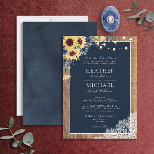 Classic Navy Blue Sunflower Wood Lace Wedding Invitation